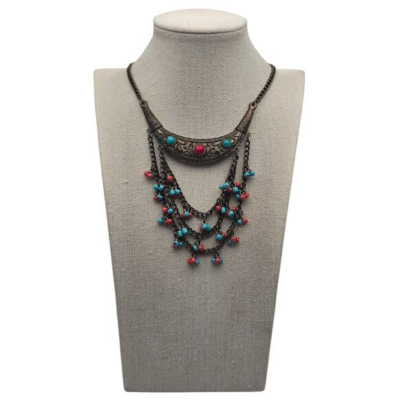 Vintage Boho Multistrand Crecent Necklace – Red & Turquoise Beads - Picture 1 of 7
